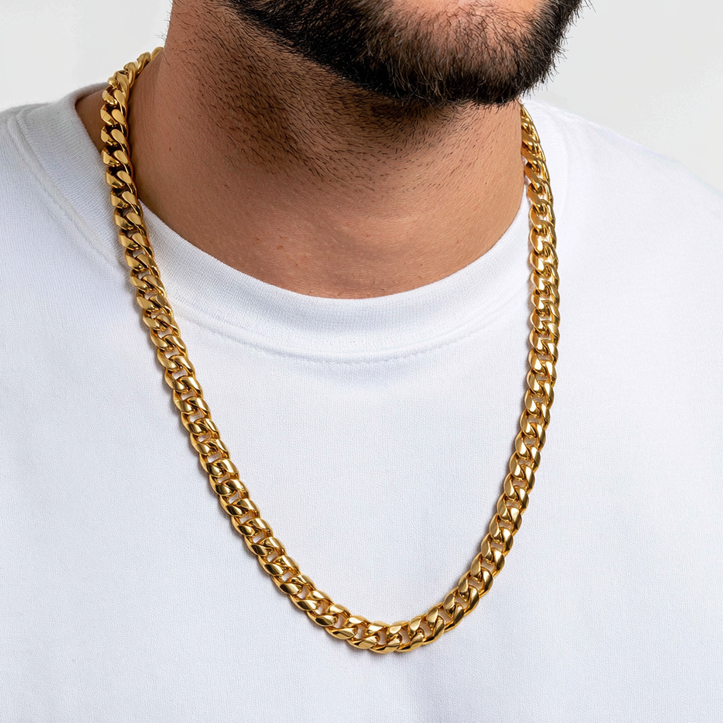 Gold Cuban chain on white shirt
